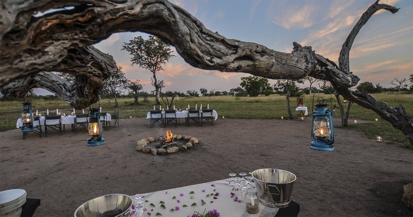 Safari dinner under the stars in the boma at Nkorho