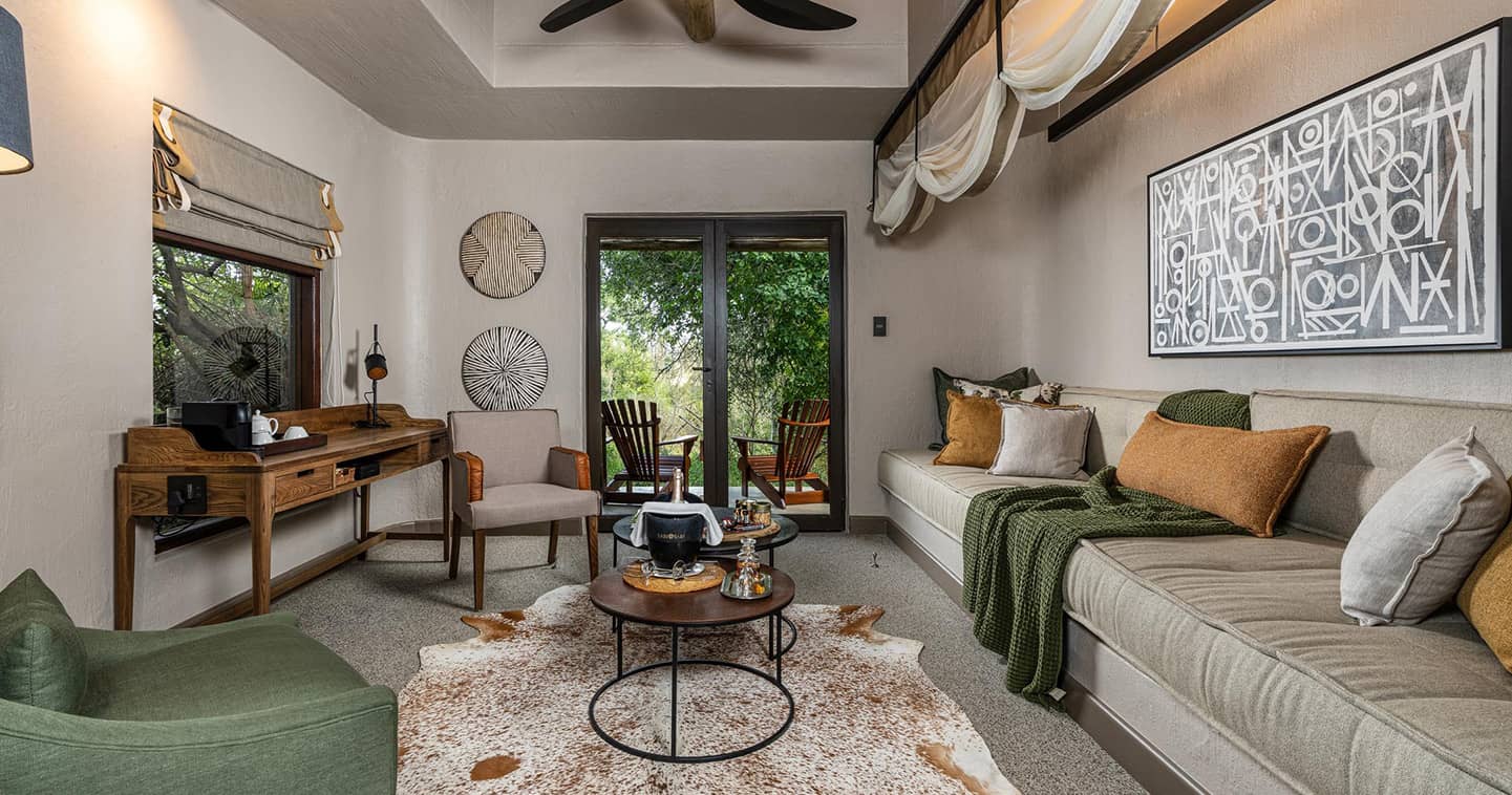 The lounge of your luxury suite at Sabi Sabi Bush Lodge