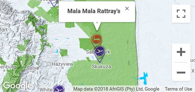 View MalaMala Rattrays on the map in Sabi Sands