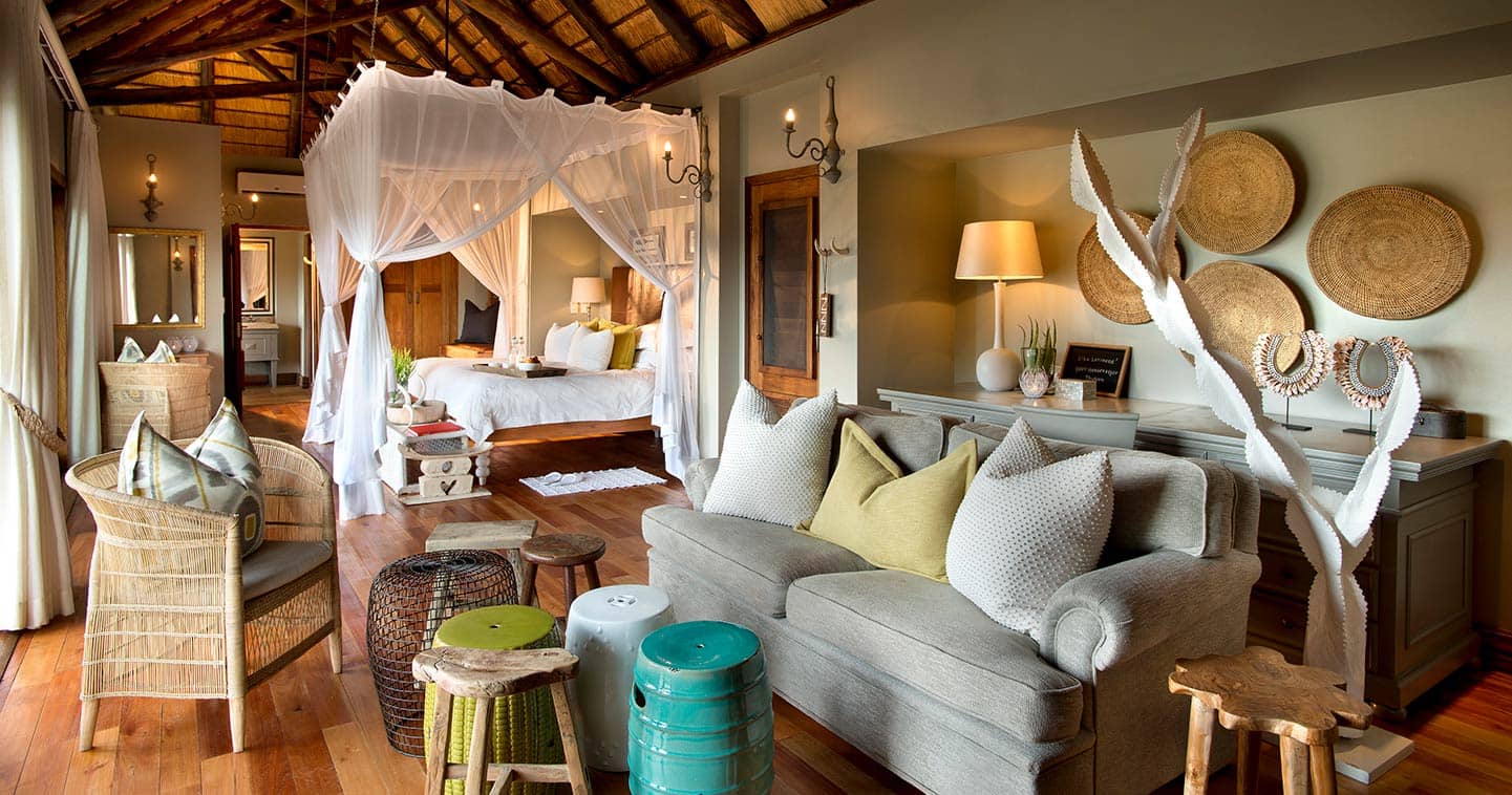Lion Sands Narina Lodge bedroom in Sabi Sands